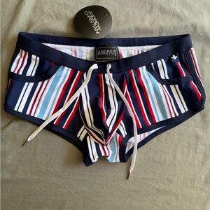 NWT- Andrew Christian Navy and Red Striped Swimwear